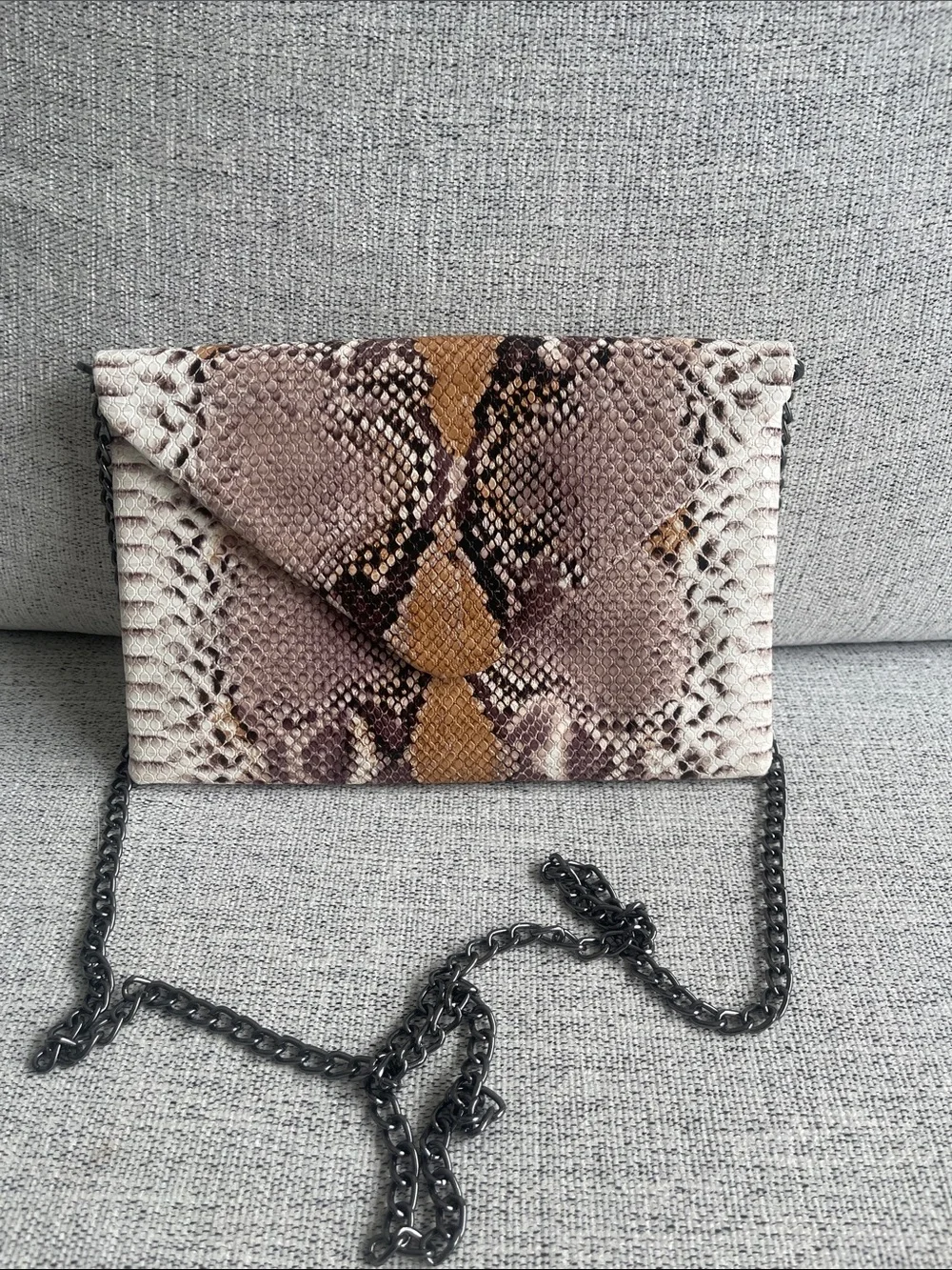 Snake-Print Envelope Crossbody Clutch in Taupe, Purple and Tan